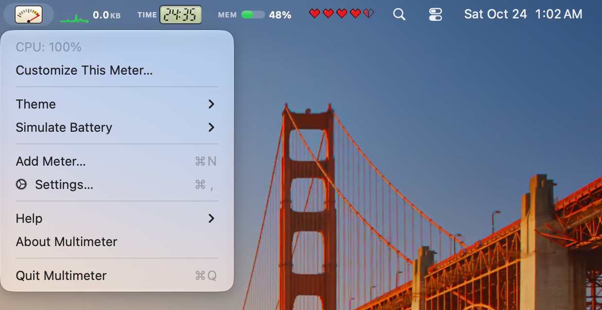 The Mac menu bar with five Multimeter meters: an analog needle gauge, a green network sparkline reading 0.0 KB, an LCD timer showing 24:35, a memory bar at 48% and a row of pixel hearts, with the needle gauge's menu open below it showing CPU: 100%, Customize This Meter, Theme, Add Meter, Settings, Help, About and Quit.