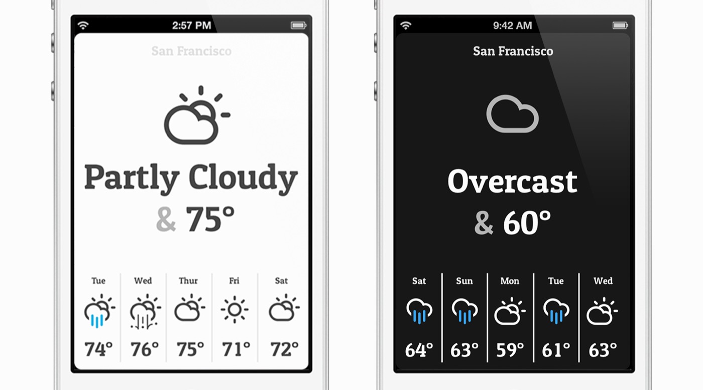 Two iPhone 5 screenshots of the original Conditions app showing San Francisco. On the left, a light theme with "Partly Cloudy & 75°" in a slab serif above a five-day forecast. On the right, a dark theme with "Overcast & 60°".