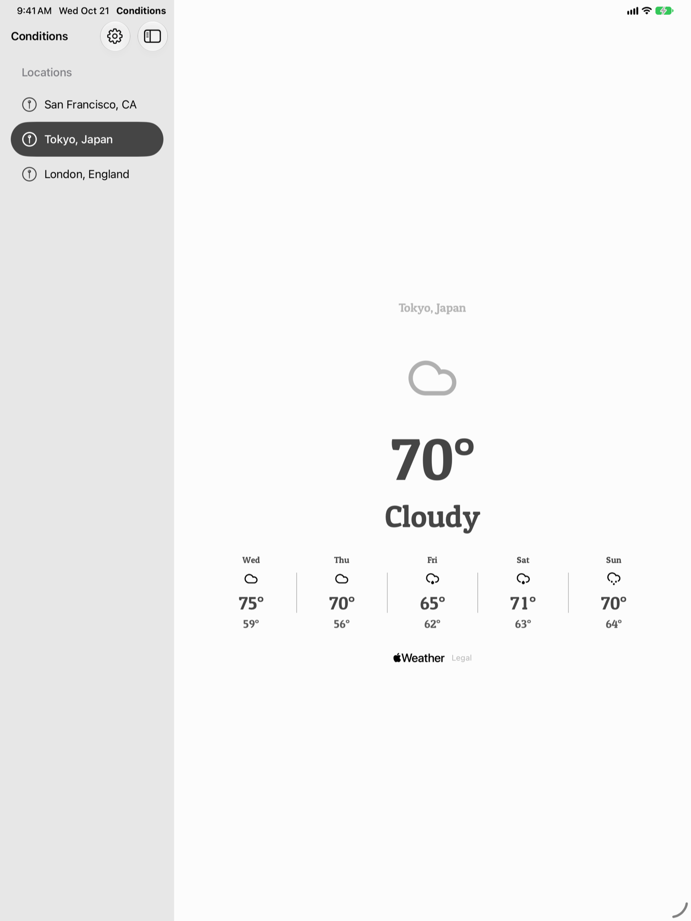 An iPad screenshot of Conditions with a sidebar listing San Francisco, Tokyo and London. Tokyo is selected, showing 70° and Cloudy above a five-day forecast of highs and lows.