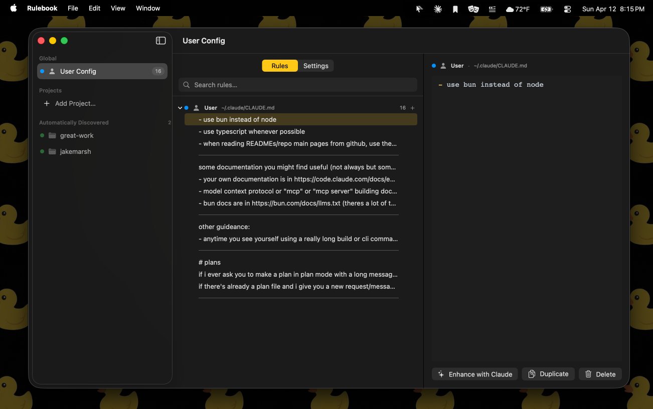 Rulebook's main window. A sidebar lists User Config under Global, an Add Project button, and two automatically discovered projects. The middle column shows the rules from ~/.claude/CLAUDE.md as separate rows, like "use bun instead of node" and "use typescript whenever possible", and the right column shows the selected rule with Enhance with Claude, Duplicate and Delete buttons.