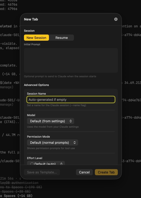 The New Tab sheet in Stovetop, with a New Session and Resume toggle, an initial prompt field, and advanced options for the session name, model, permission mode and effort level.