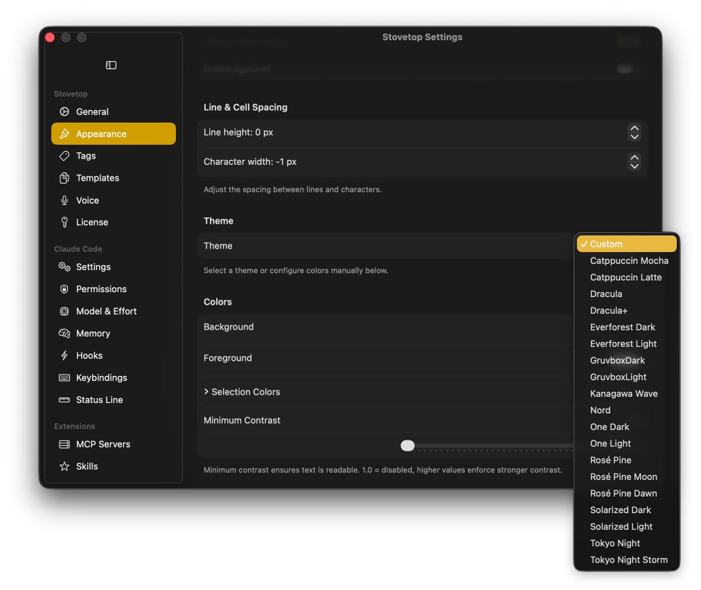 The Stovetop settings window, with the Appearance pane open and a theme menu listing Catppuccin, Dracula, Gruvbox, Nord, Rosé Pine, Solarized, Tokyo Night and others. The sidebar has sections for Stovetop, Claude Code and Extensions.